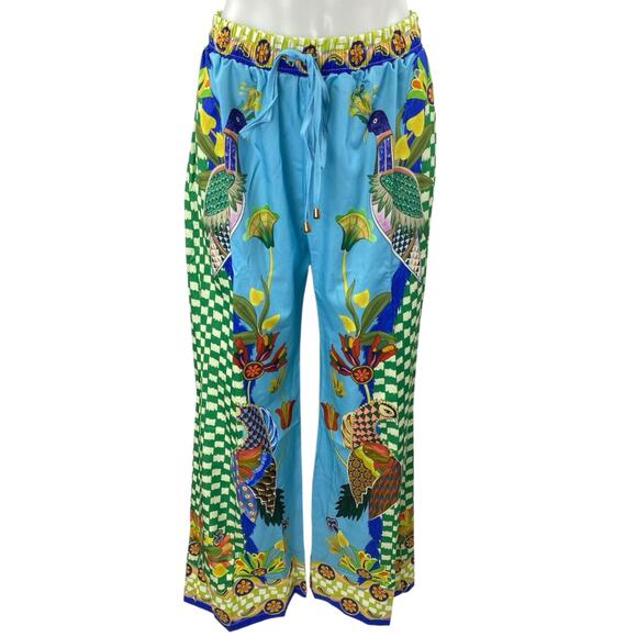 Women's Multicolor Floral Checkered Satin Button Down Shirt & Wde Leg Pants M - Picture 4 of 7